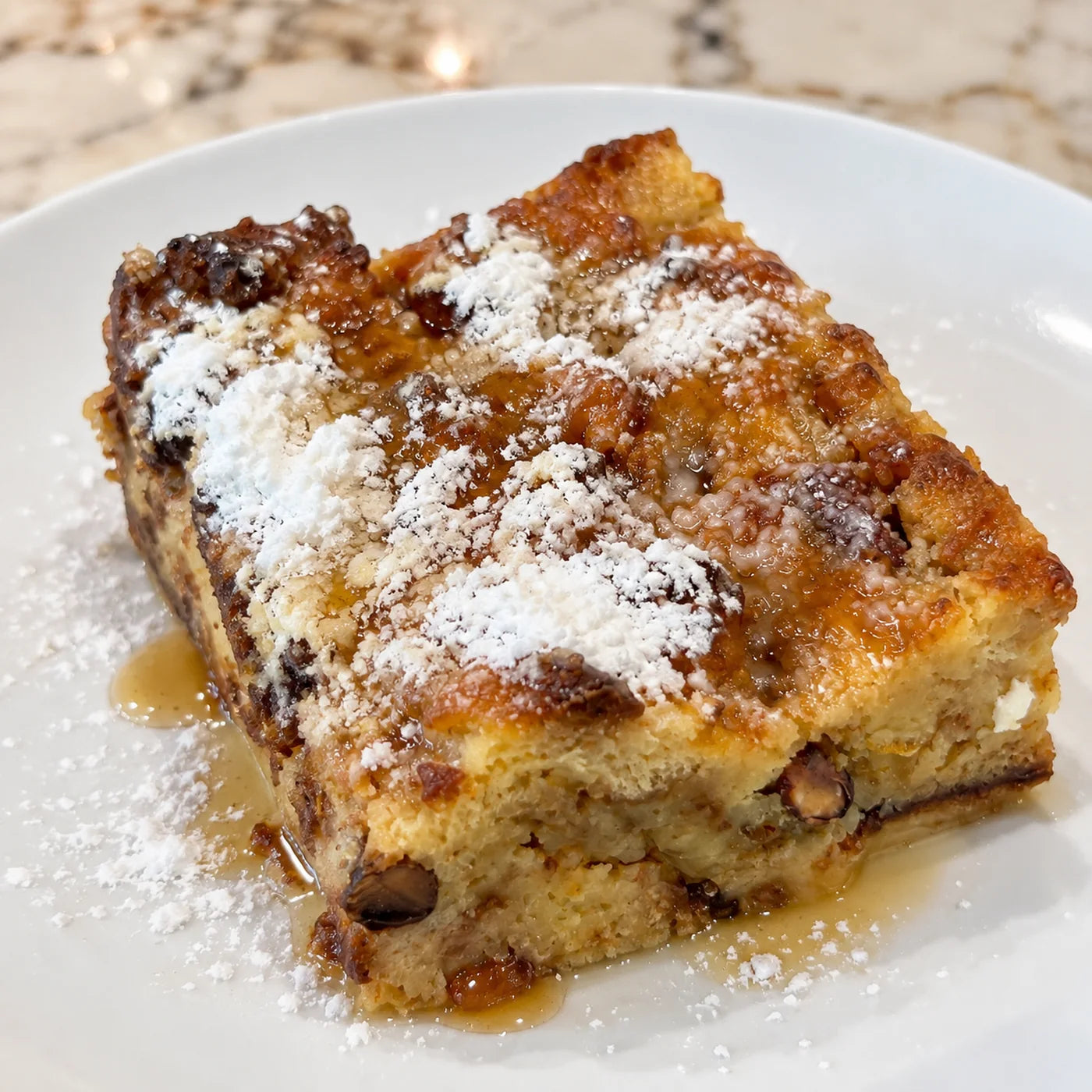 Square of panettone bread pudding with chocolate chips, caramelised edges, warm syrup and a dusting of powdered sugar