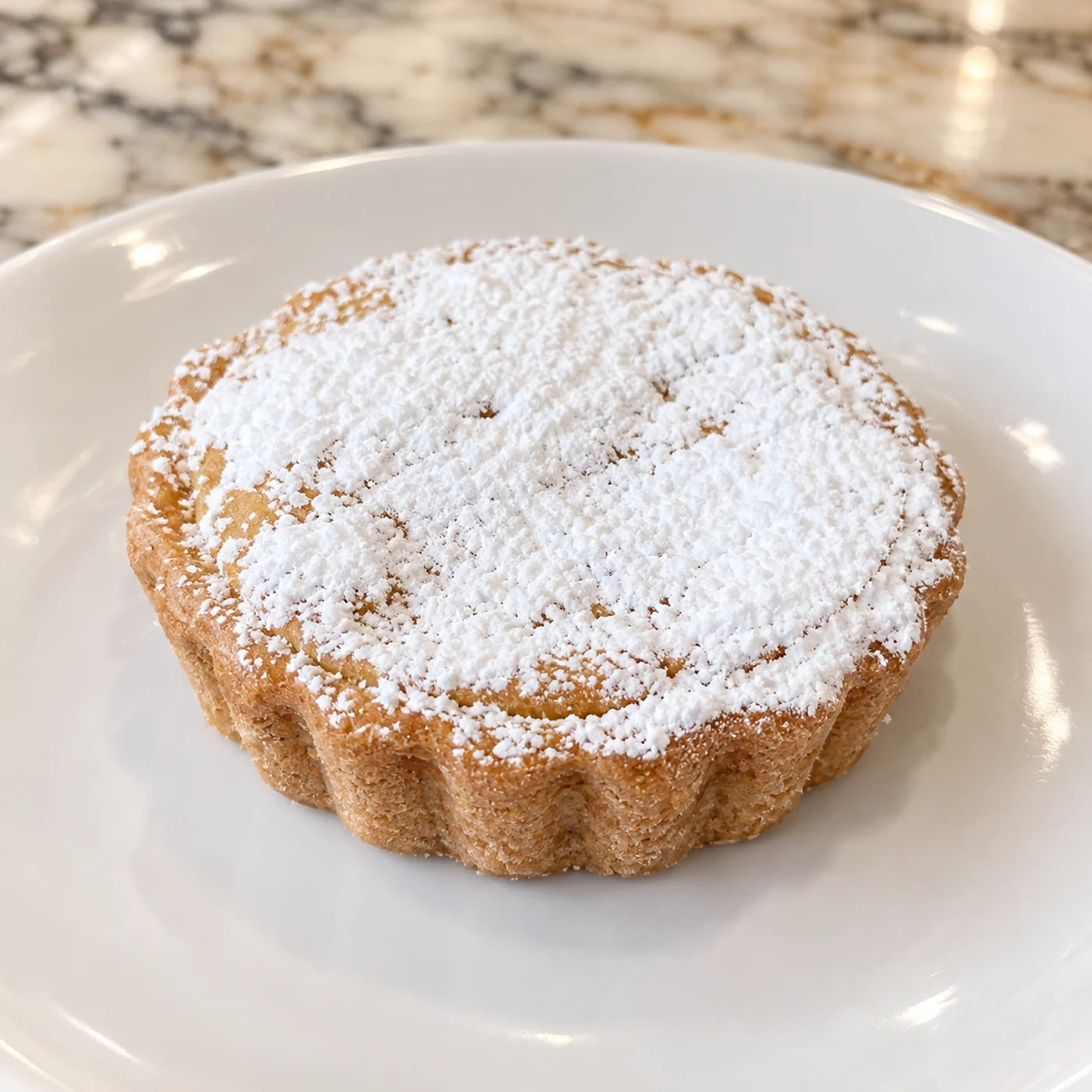 Round house-made lemon tart in a fluted crust, finished with a heavy dusting of powdered sugar