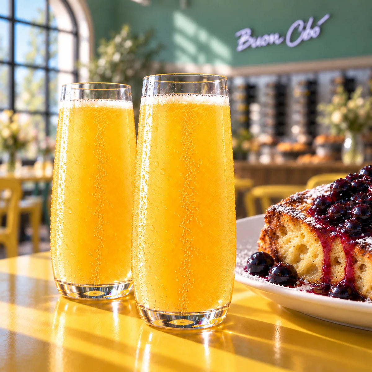 Two tall glasses of mimosa on a yellow table at Buon Cibo, beside a slice of blueberry brunch cake