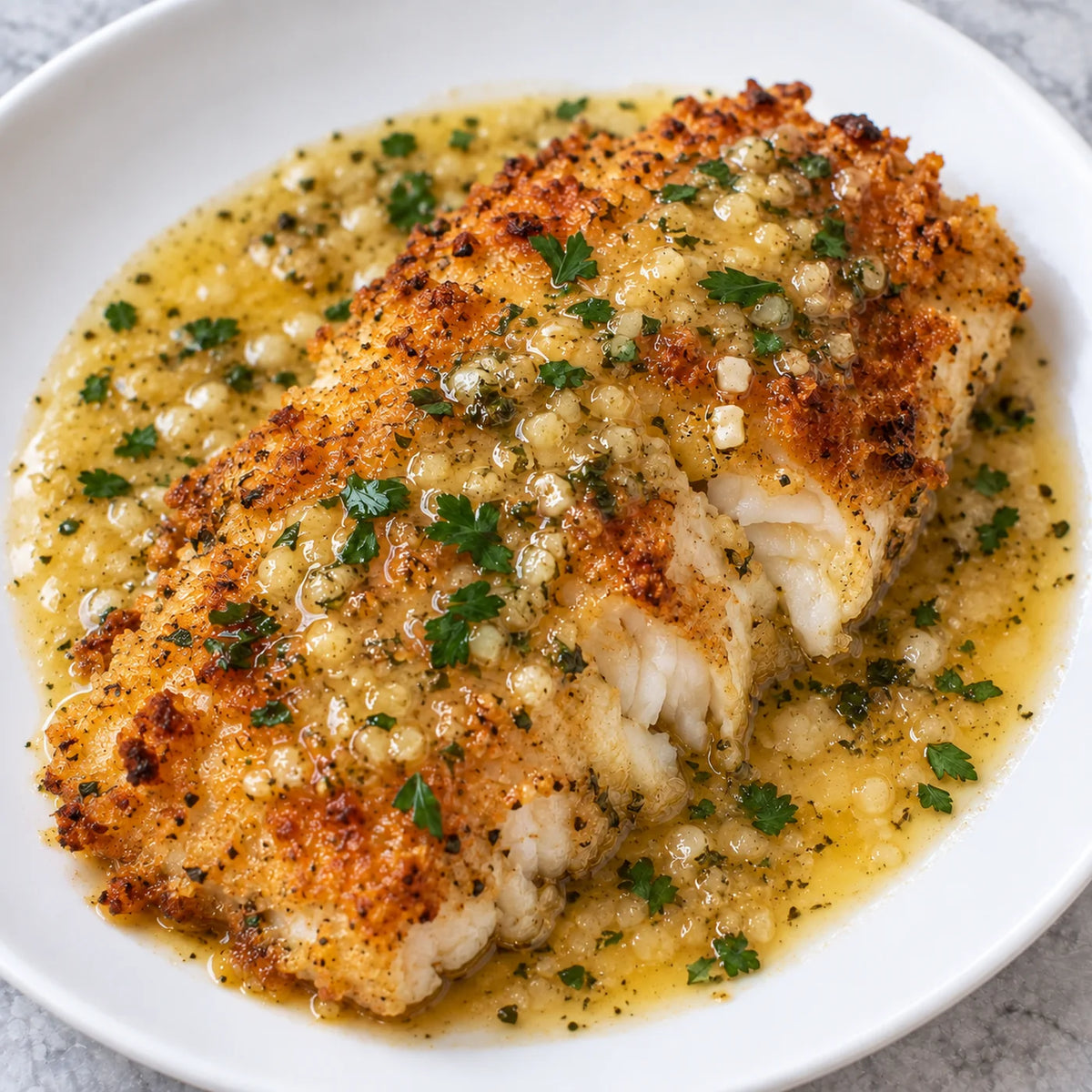 Baked breaded cod fillet in a garlic scampi butter sauce, finished with chopped parsley