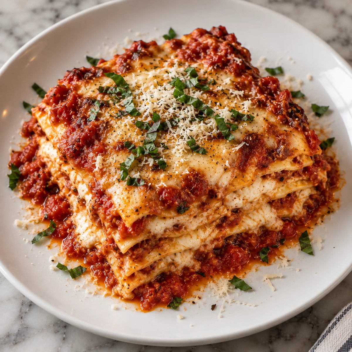Cheese lasagna with layers of pasta and ricotta under tomato sauce, grated parmesan and fresh basil