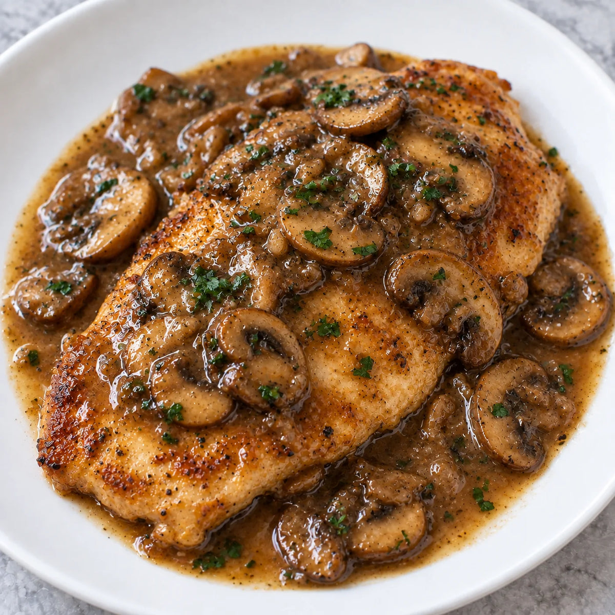 Chicken marsala, a seared chicken breast under sliced mushrooms in marsala wine sauce