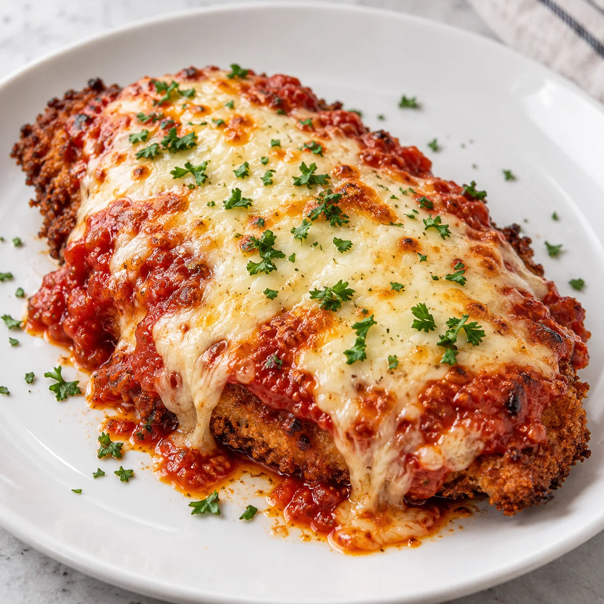 Chicken parmigiana, a breaded chicken cutlet under marinara and melted mozzarella, finished with parsley