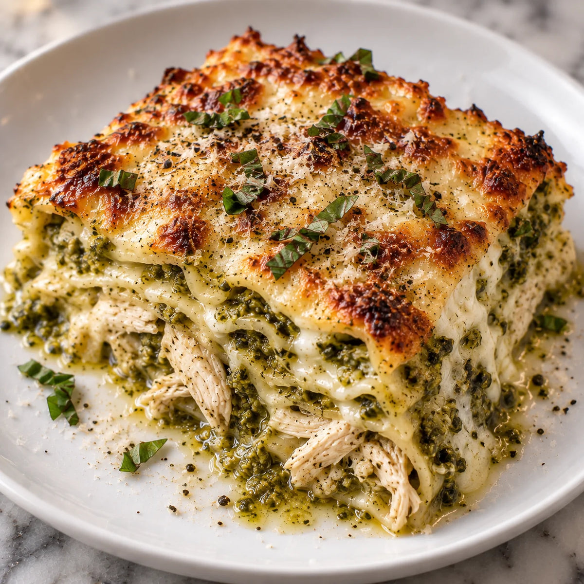 Chicken pesto lasagna with layers of pasta, shredded chicken, basil pesto and melted cheese under a browned top