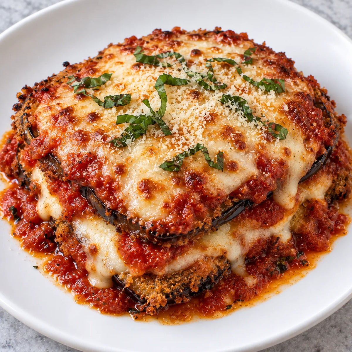 Eggplant parmigiana layered with marinara and melted mozzarella, finished with parmesan and fresh basil