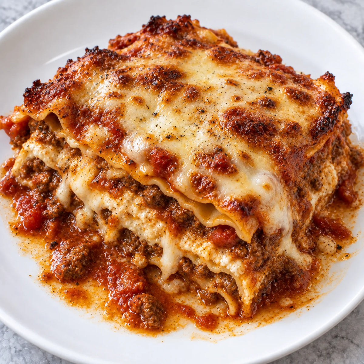 Square of Buon Cibo meat lasagna with layers of pasta, rich meat sauce and melted cheese