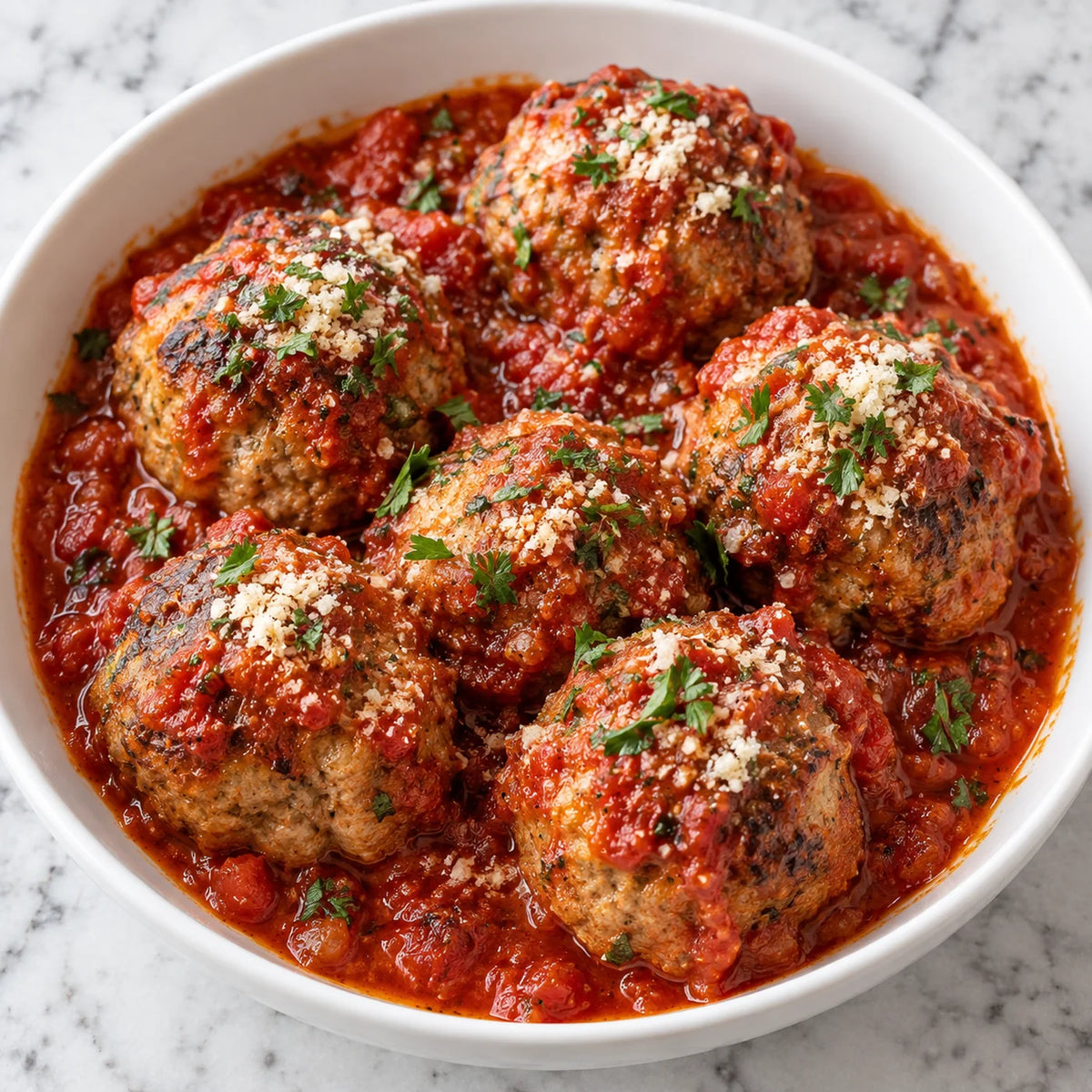 Italian meatballs in marinara sauce, topped with grated parmesan and parsley, sold six to a container