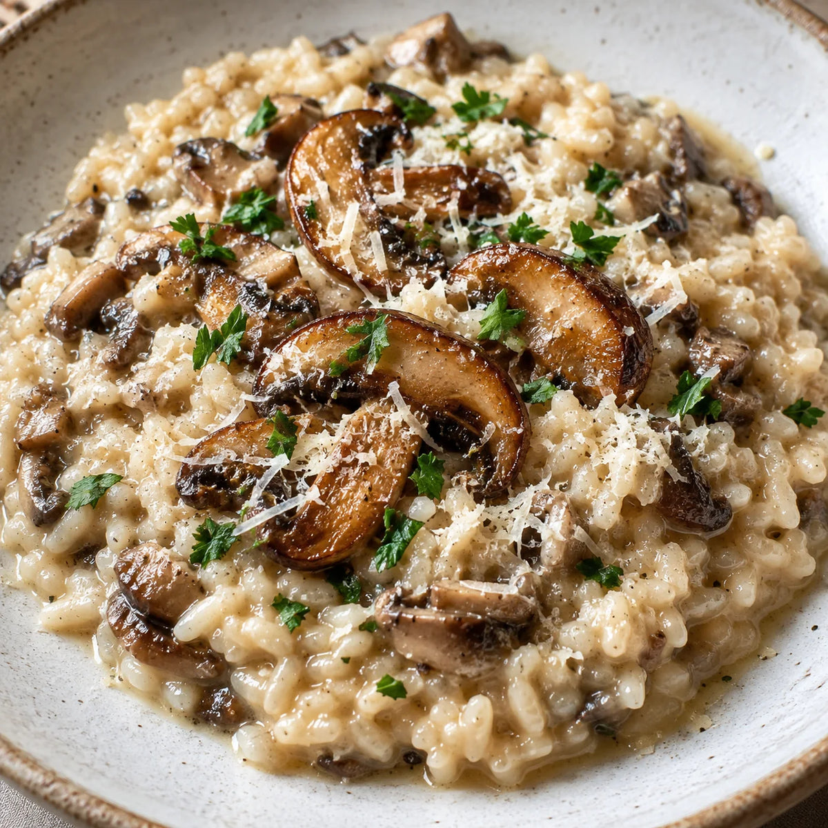Creamy mushroom risotto topped with roasted mushrooms, grated parmesan and parsley