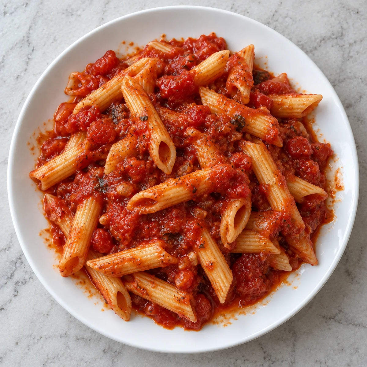 Penne in a chunky tomato marinara sauce with basil and cracked black pepper