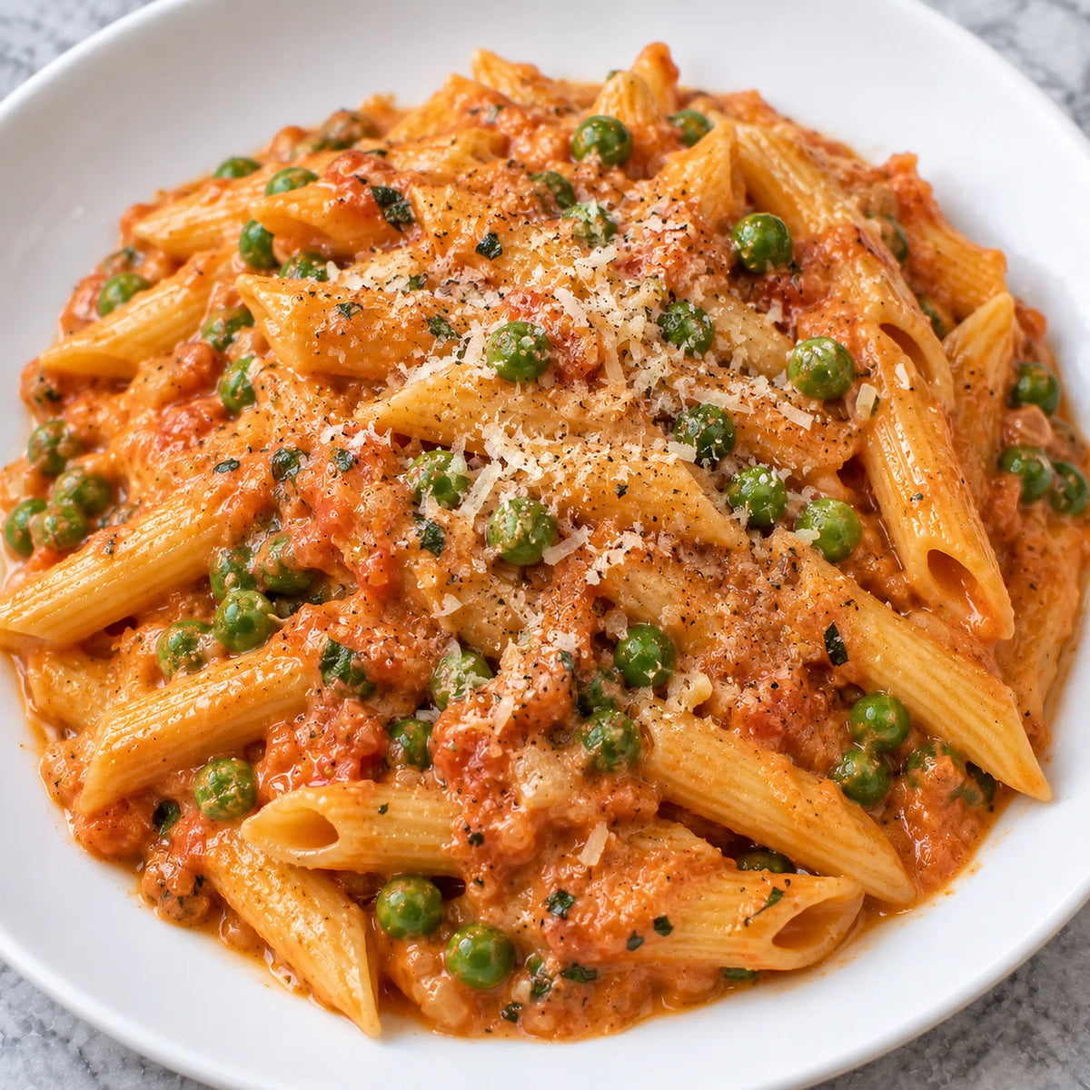 Penne in a creamy pink vodka sauce with sweet peas and grated parmesan