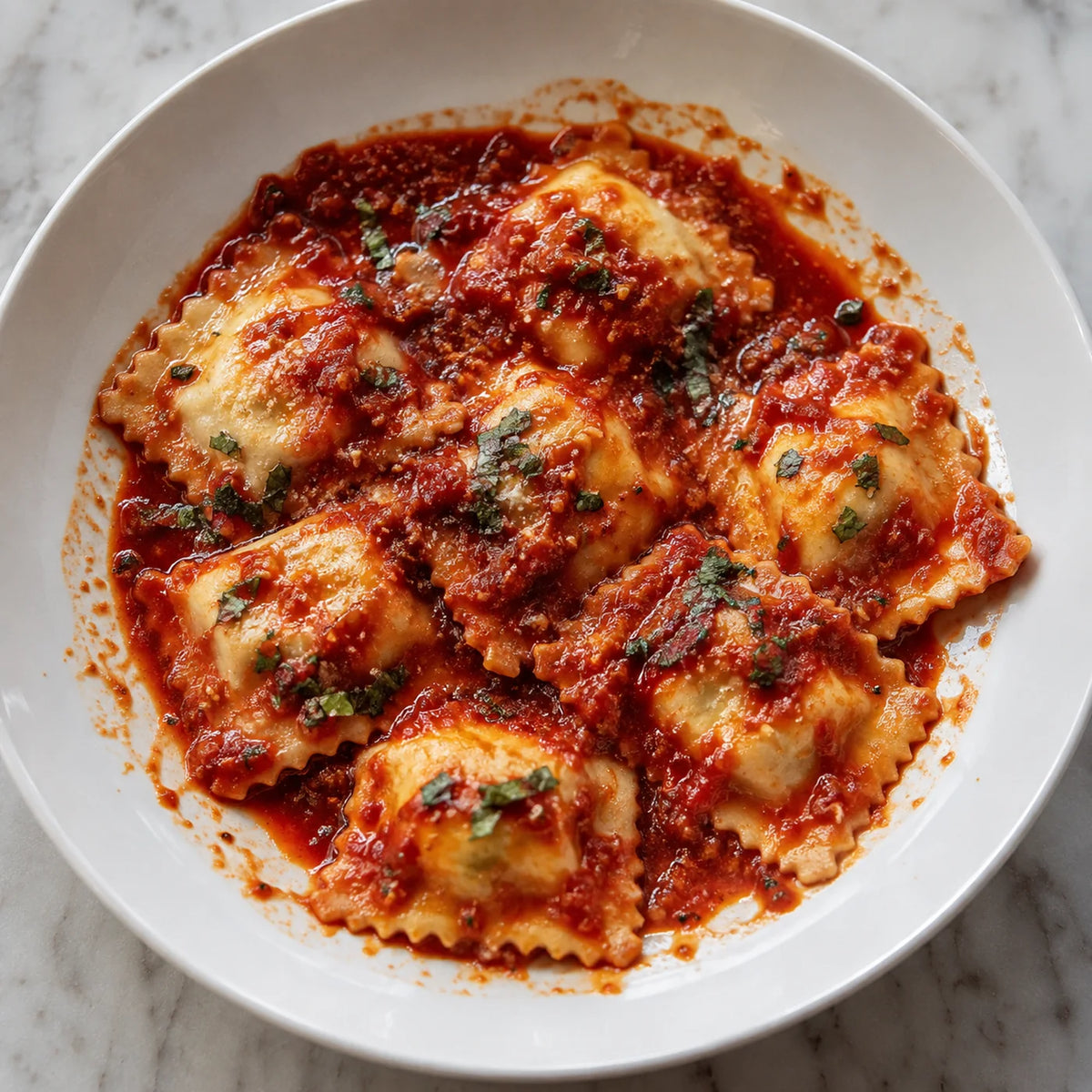 Cheese ravioli in marinara sauce, scattered with chopped basil and grated parmesan