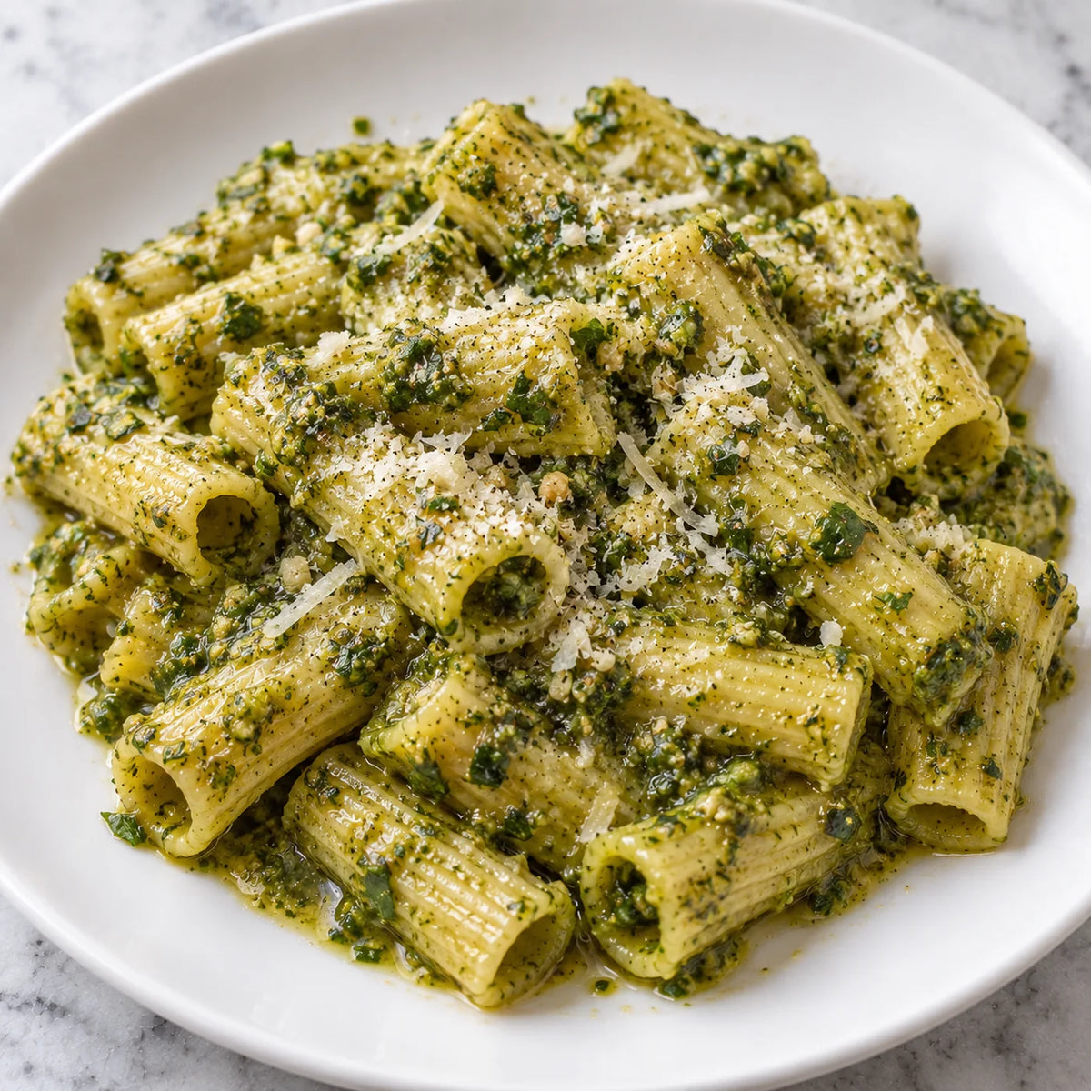 Rigatoni tossed in basil pesto with grated parmesan and cracked black pepper