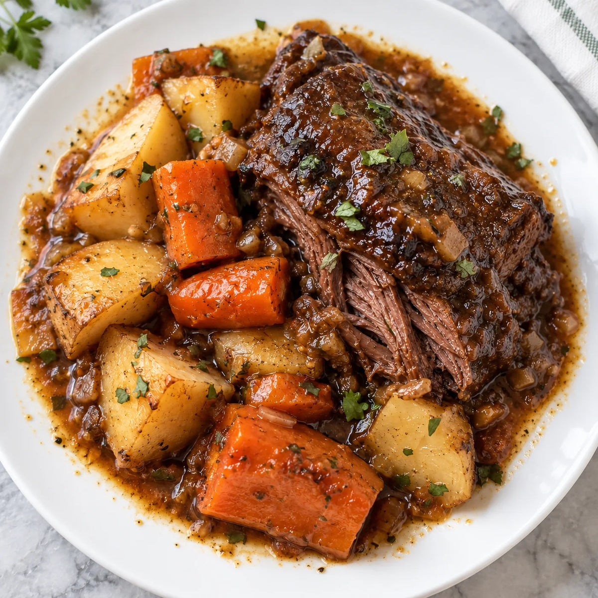 Braised short rib in rich gravy with roasted potatoes and carrots, from the Buon Cibo heat-and-eat case