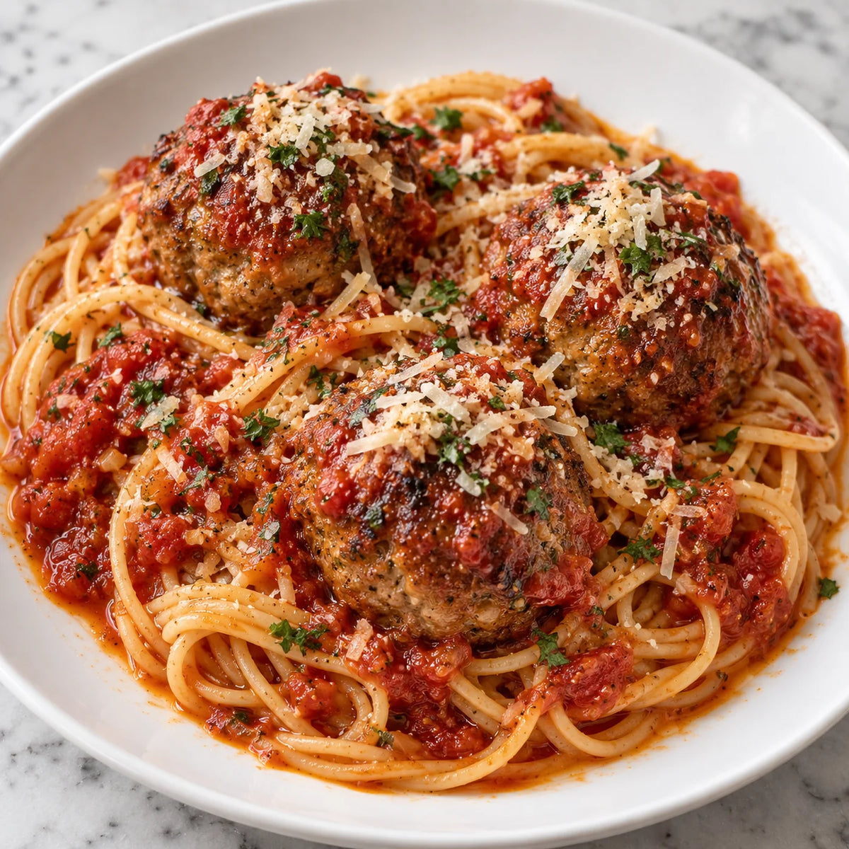 Spaghetti in marinara under three large Italian meatballs, finished with grated parmesan and parsley