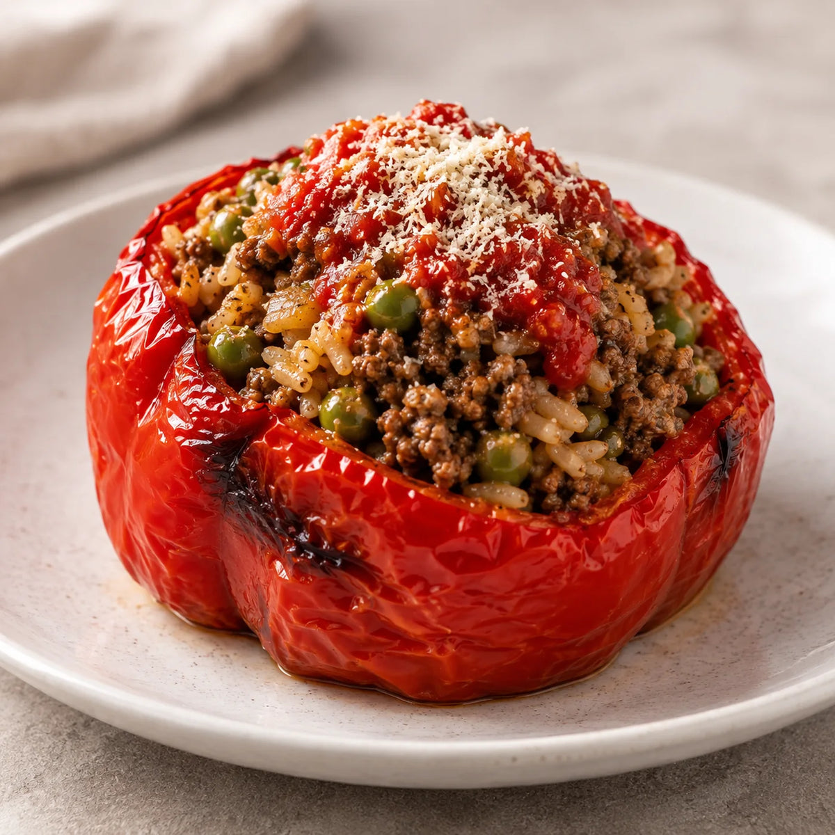 Roasted red bell pepper stuffed with seasoned beef, rice and peas, topped with tomato sauce and parmesan