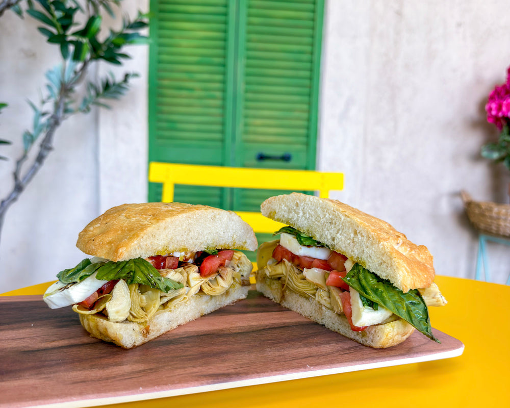 Artichoke and Red Pepper Caprese sandwich