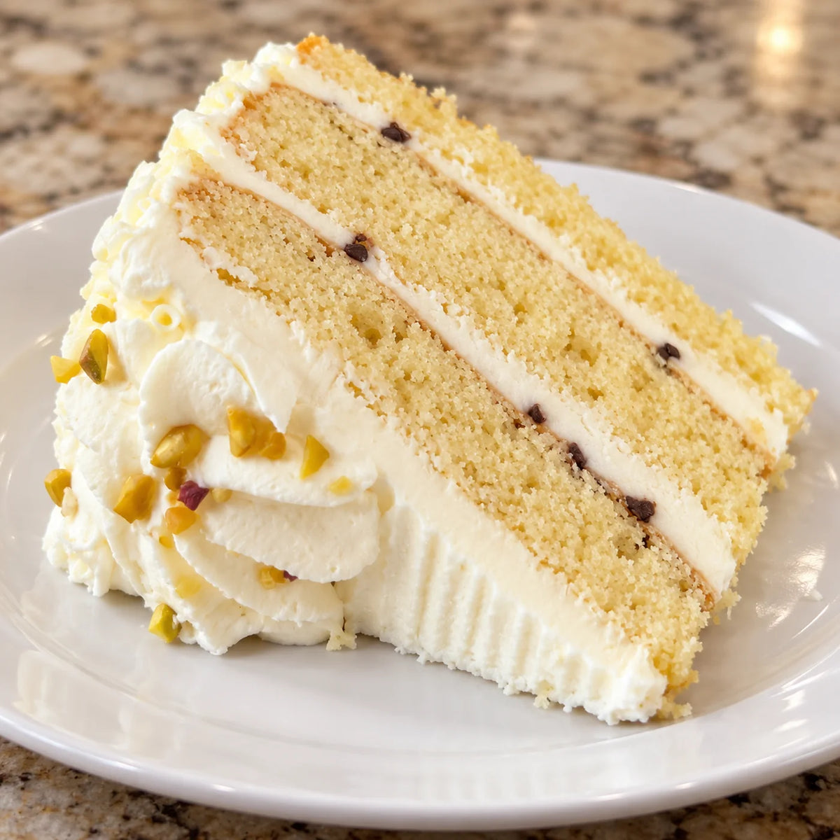Representative slice of cannoli torte with ricotta cream and chocolate chips