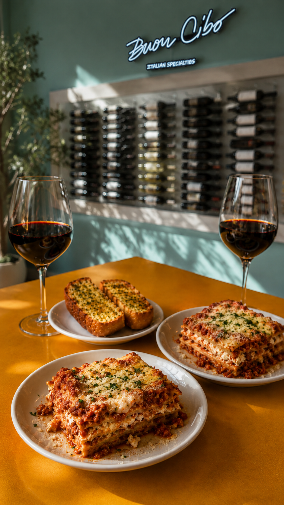 Two plated portions of lasagna with garlic bread and red wine on a yellow table