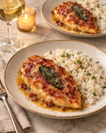 Illustrative plated chicken saltimbocca with prosciutto and sage beside herb rice; presentation may vary.