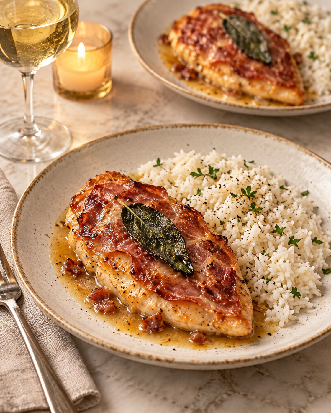 Illustrative plated chicken saltimbocca with prosciutto and sage beside herb rice; presentation may vary.