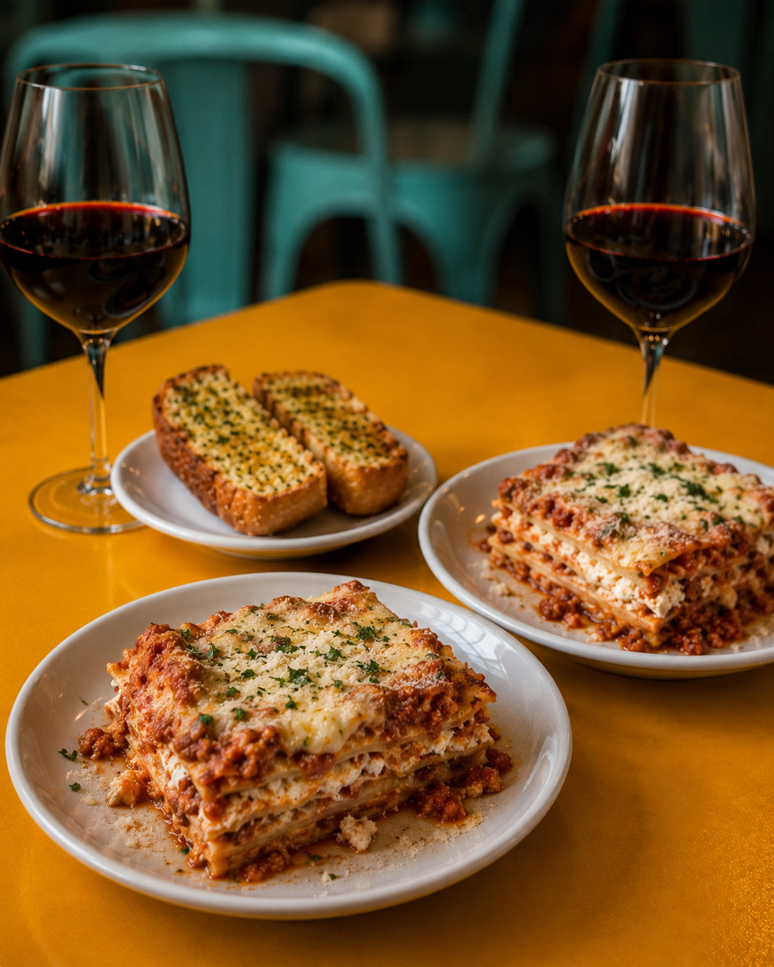 Plated lasagna with garlic bread and red wine on a yellow table