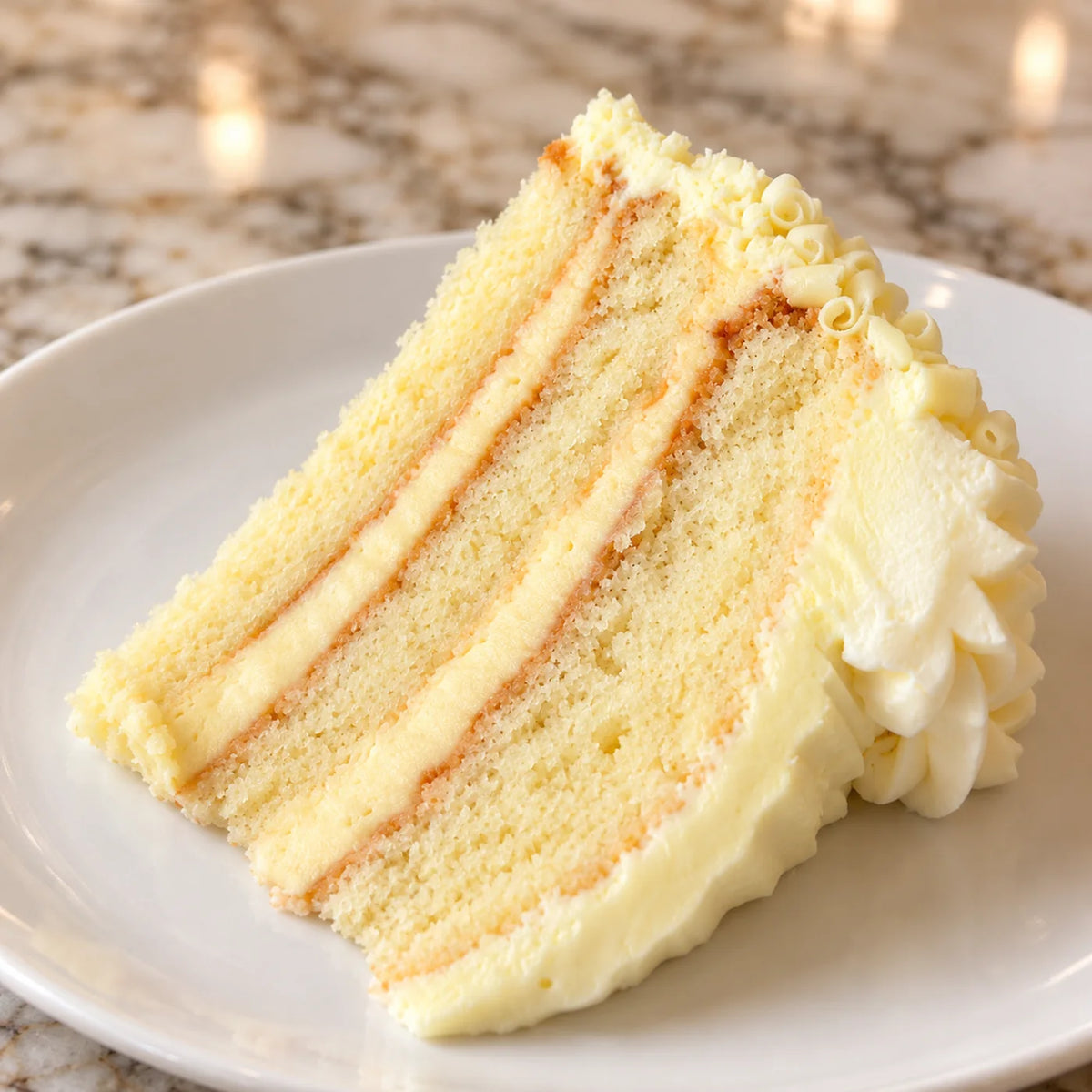 Representative slice of limoncello cake with lemon cream and whipped topping
