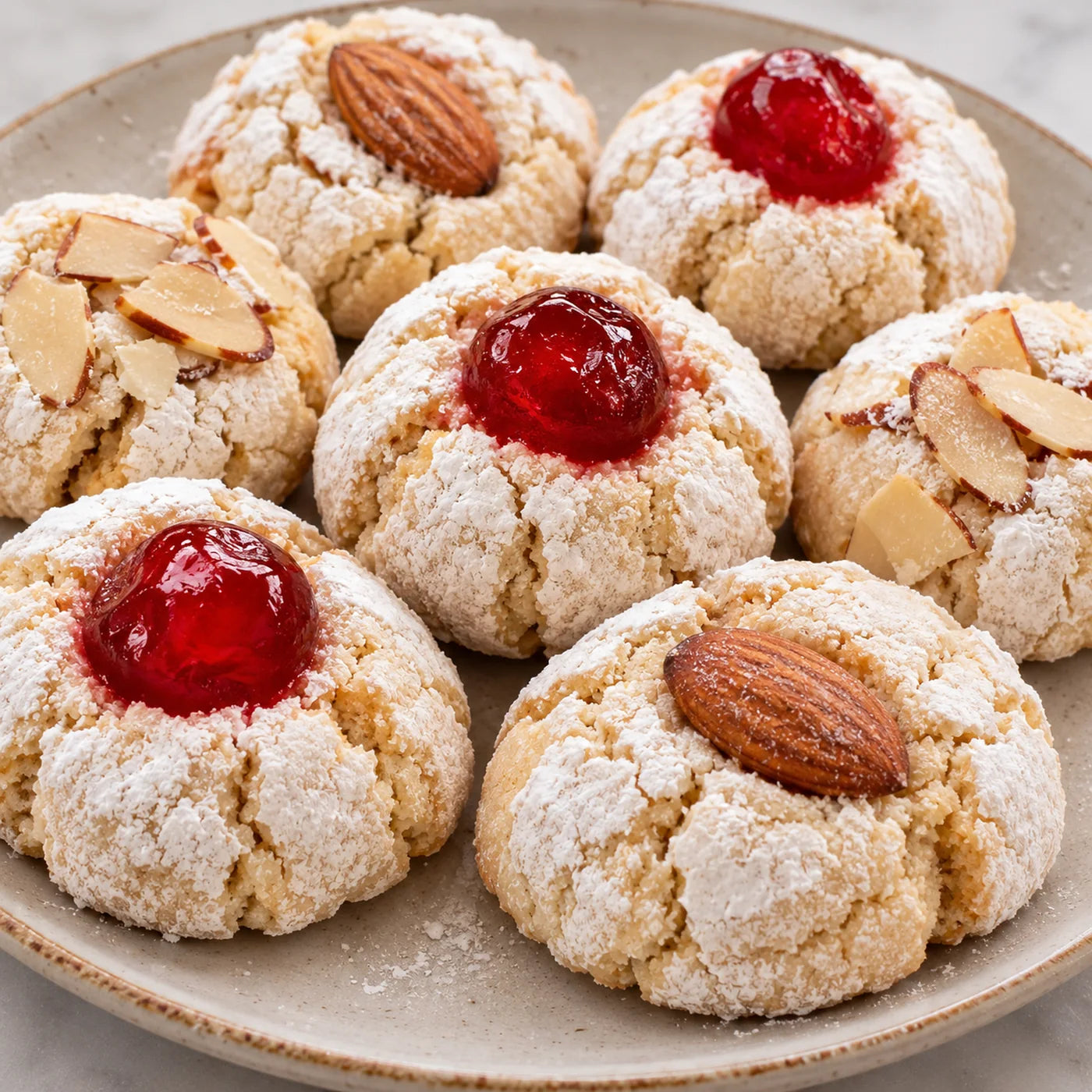 Plate of Italian almond cookies dusted with powdered sugar, some crowned with a candied cherry and others with whole or sliced almonds