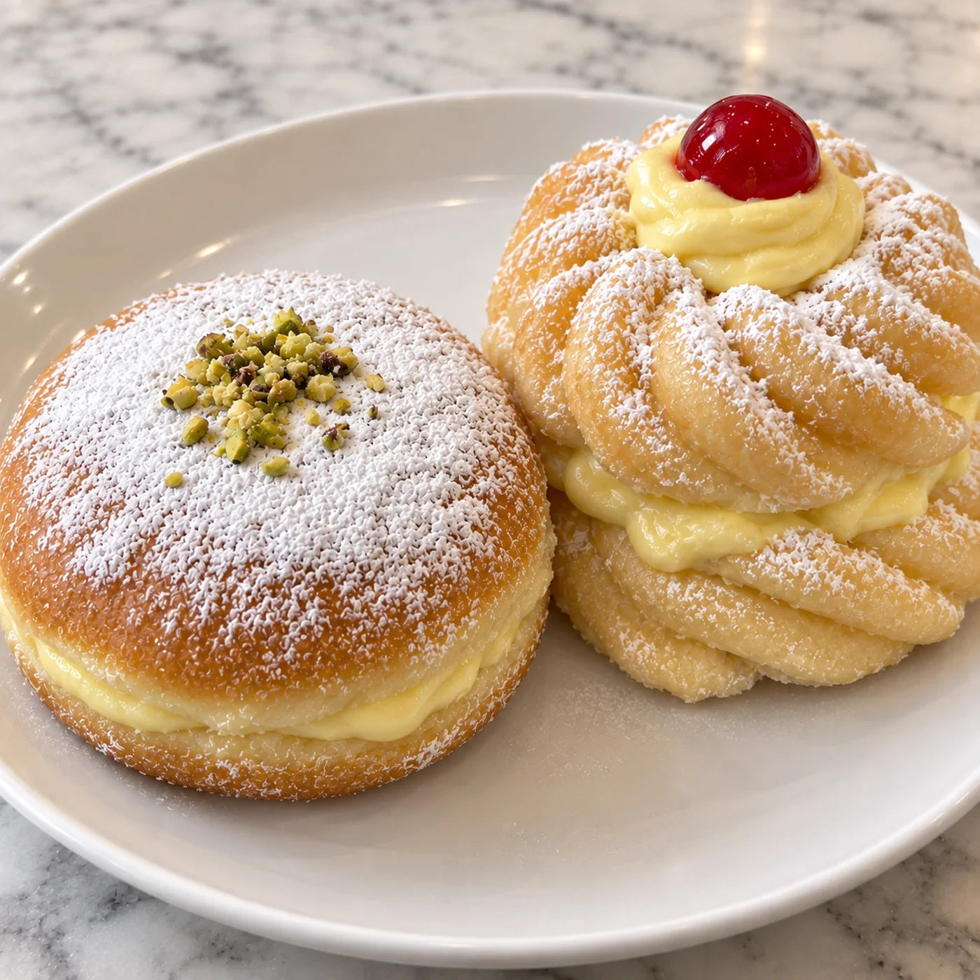 Two Italian bombolini on a plate: a cream-filled doughnut dusted with powdered sugar and chopped pistachio beside a cream-filled zeppola topped with a candied cherry