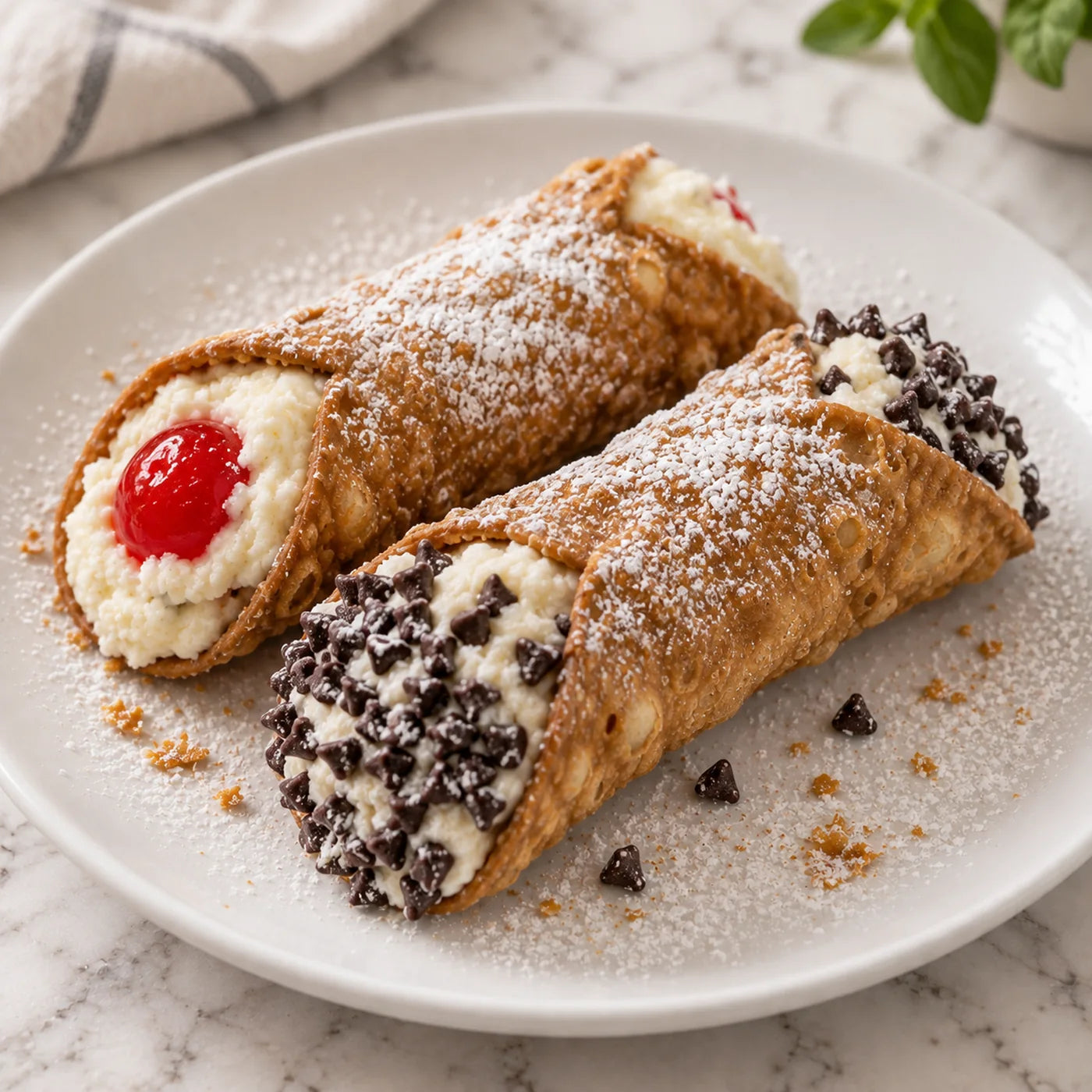 Two house-made Sicilian cannoli dusted with powdered sugar, one end rolled in mini chocolate chips and one topped with a candied cherry