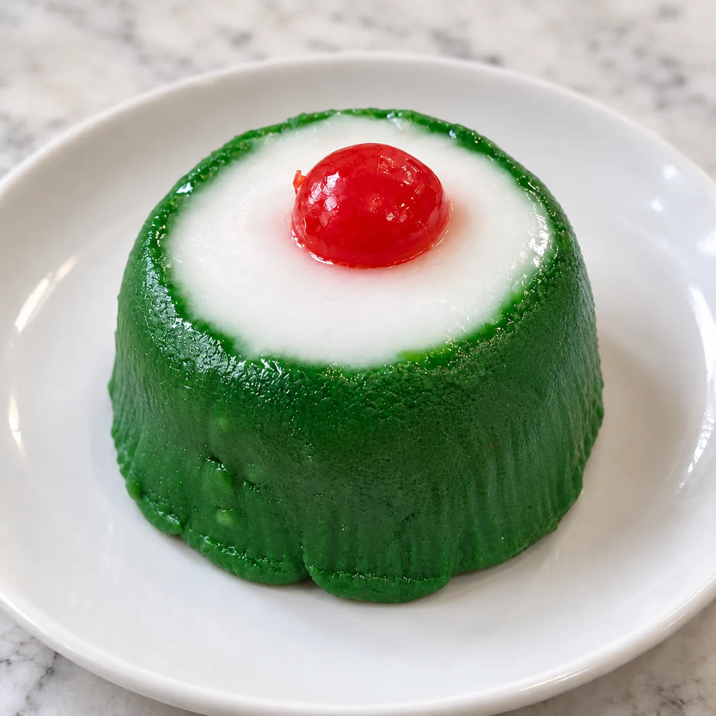 Cassatini, a single-serving Sicilian cassata wrapped in green marzipan with ricotta cream and a candied cherry on top
