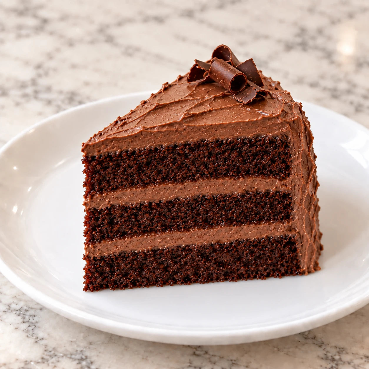 Illustrative slice of three-layer chocolate cake with chocolate frosting and curls on a white plate; presentation may vary