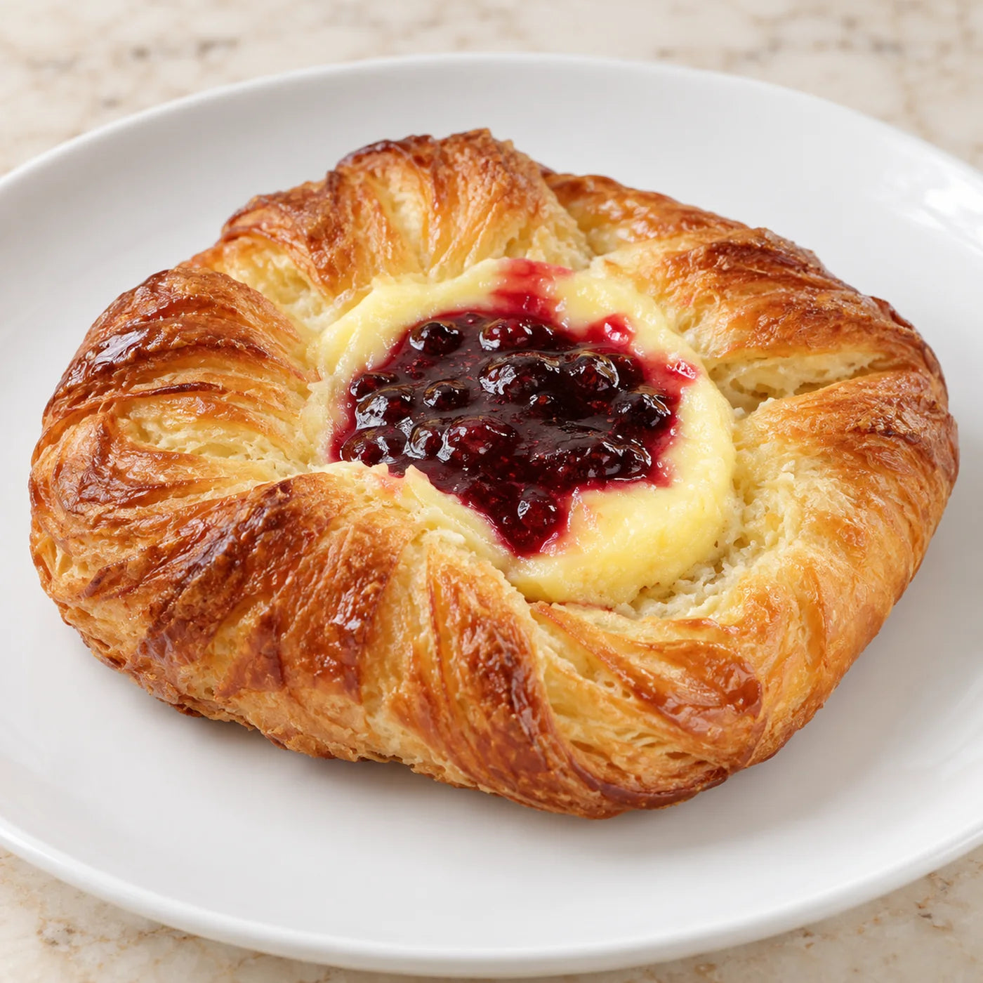 Buon Cibo danish, a laminated pastry pinwheel filled with vanilla cheese cream and a spoonful of dark berry preserve
