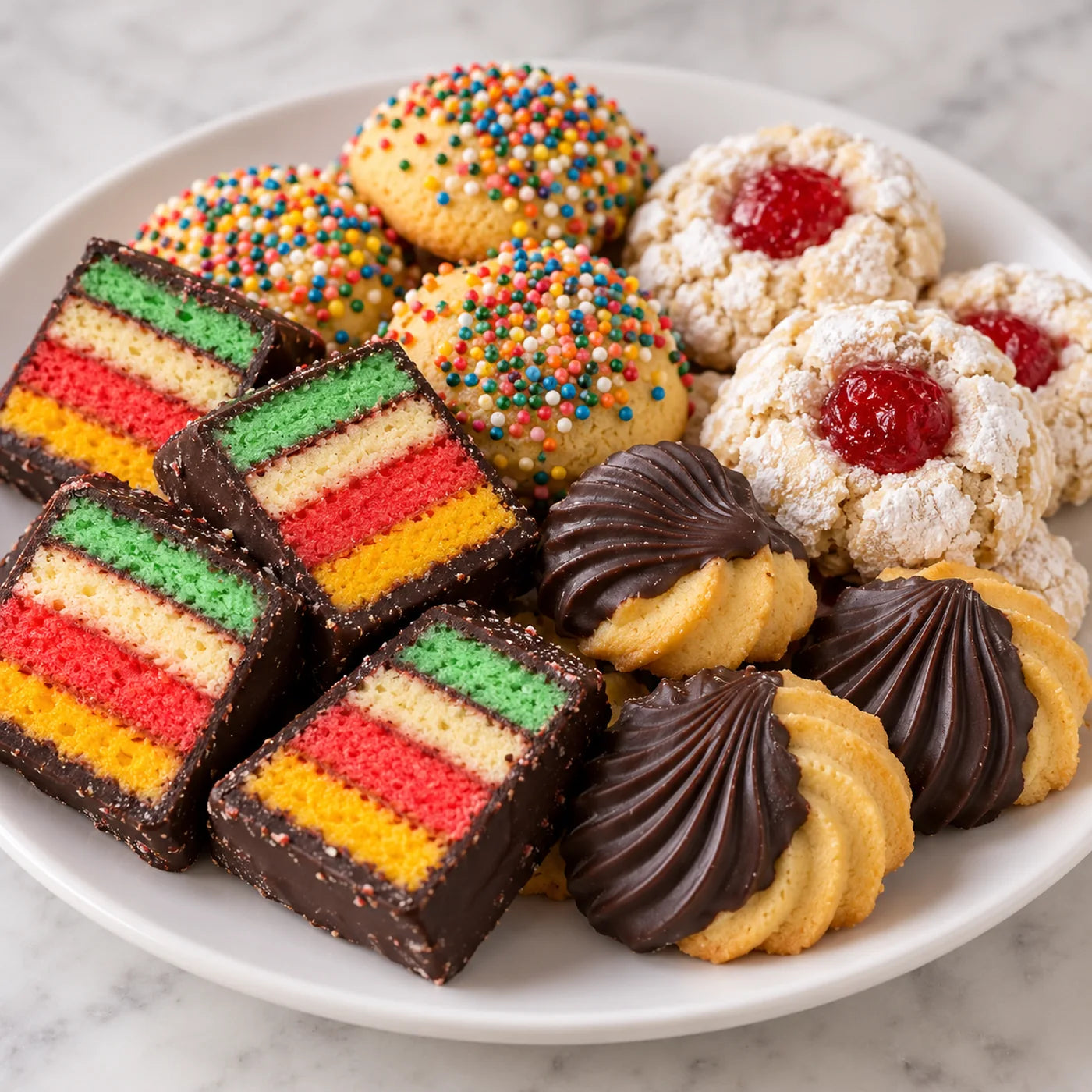 Plate of assorted Italian cookies from the Buon Cibo case: chocolate-dipped rainbow cookies, sprinkle cookies, almond cookies topped with a candied cherry and chocolate-dipped butter cookies