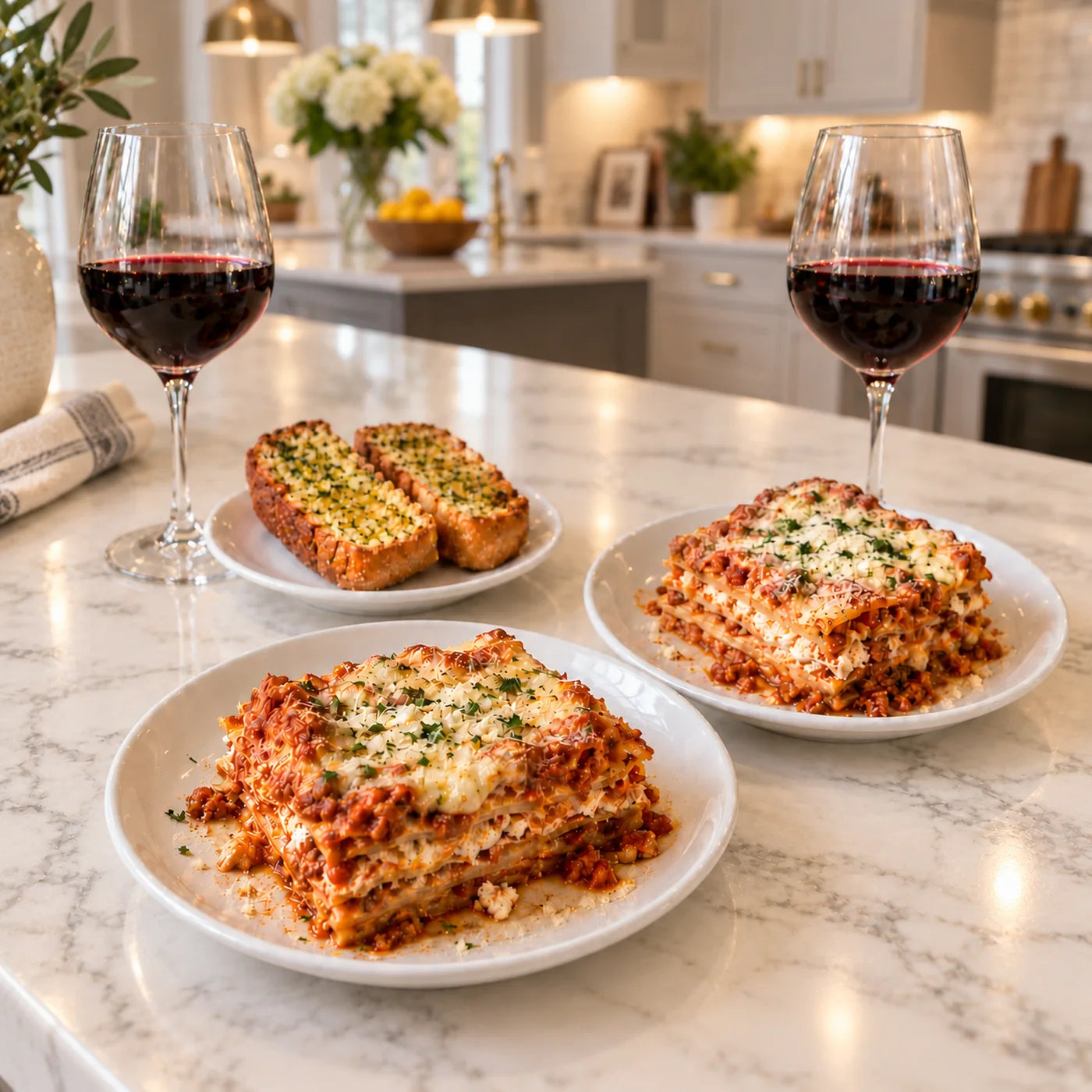 Two plates of Buon Cibo family-recipe meat lasagna with garlic bread and two glasses of red wine on a kitchen counter