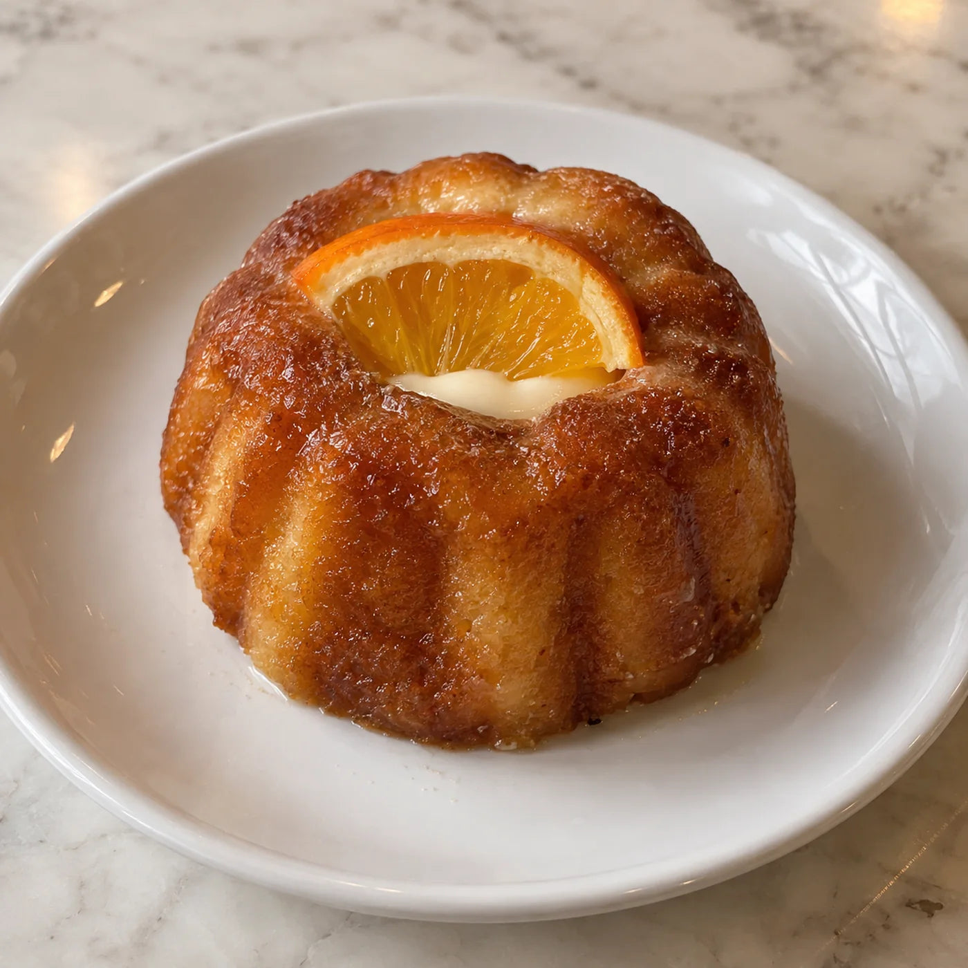 Mini orange ricotta bundt cake with a citrus glaze and a fresh orange slice on top, made in house at Buon Cibo