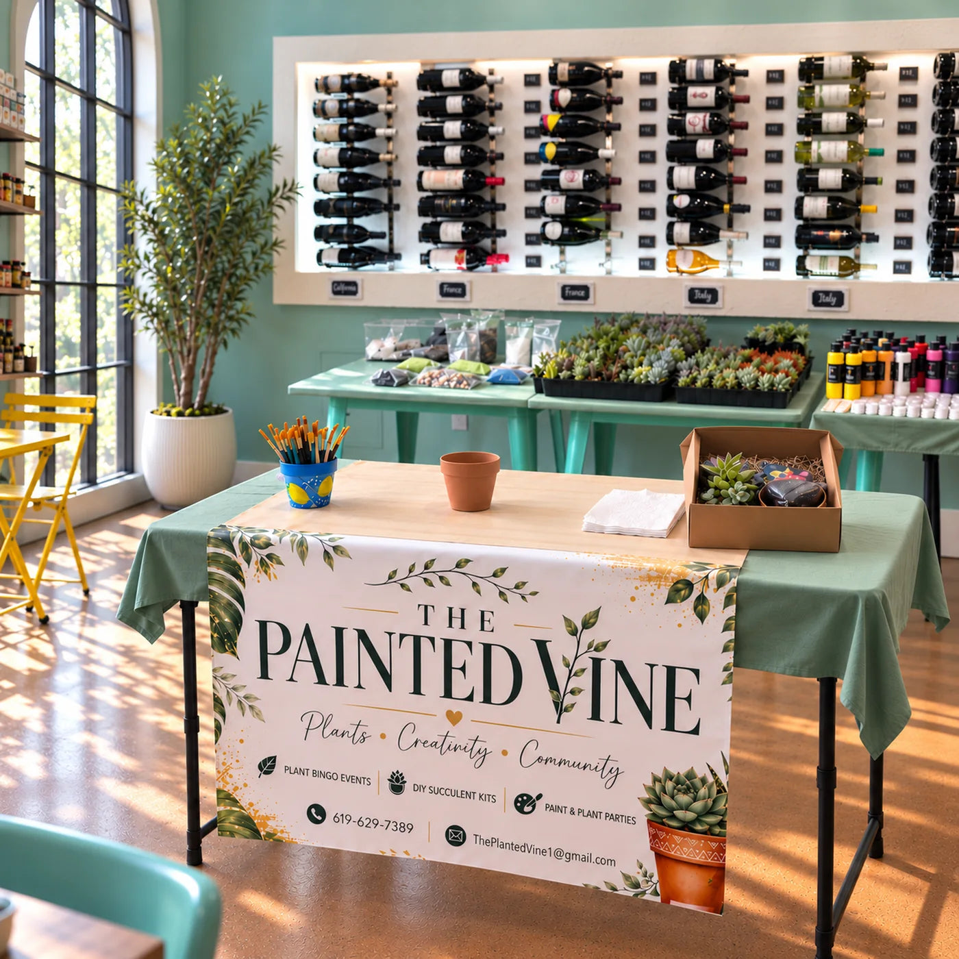 A long table in the Buon Cibo dining room laid out with succulents, terracotta pots and paints for a Pot & Sip evening with The Painted Vine