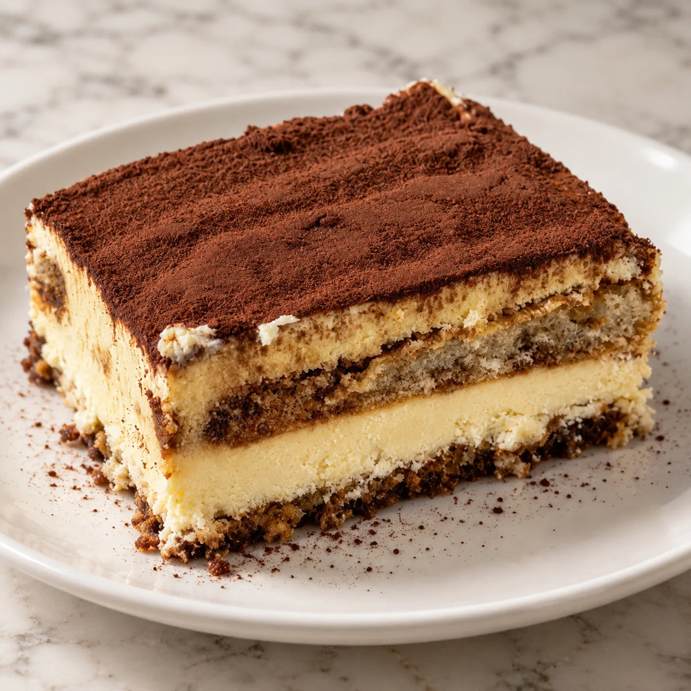 Slice of house-made tiramisu dusted with cocoa, showing layers of espresso-soaked ladyfingers and mascarpone cream
