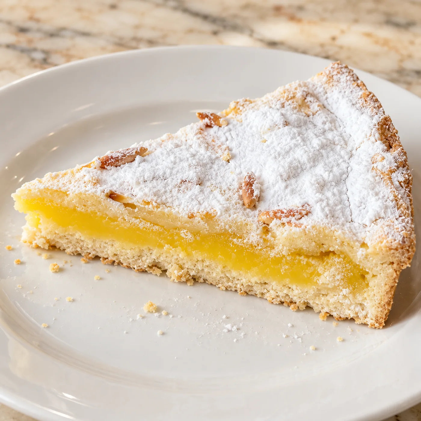 Wedge of torta della nonna, a short pastry tart filled with lemon custard, scattered with pine nuts and dusted with powdered sugar