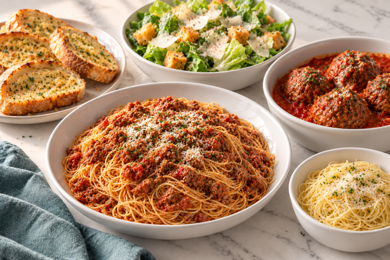 Illustration of pasta with meat sauce, meatballs, Caesar salad, garlic bread and buttered pasta on a shared table.